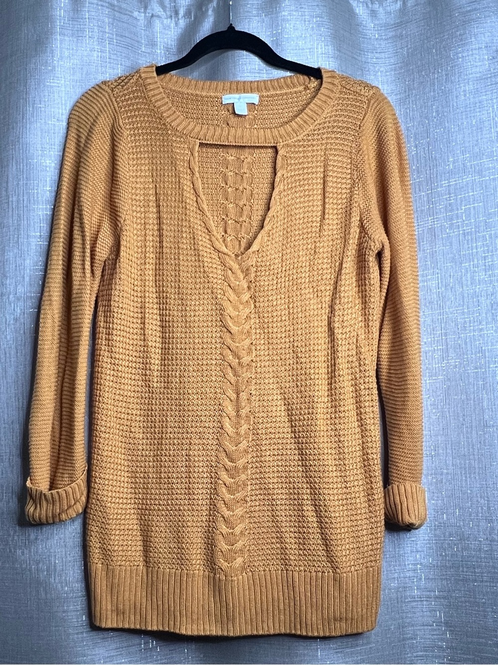 New York & Company Mustard Cable Knit Cutout Tunic Sweater M